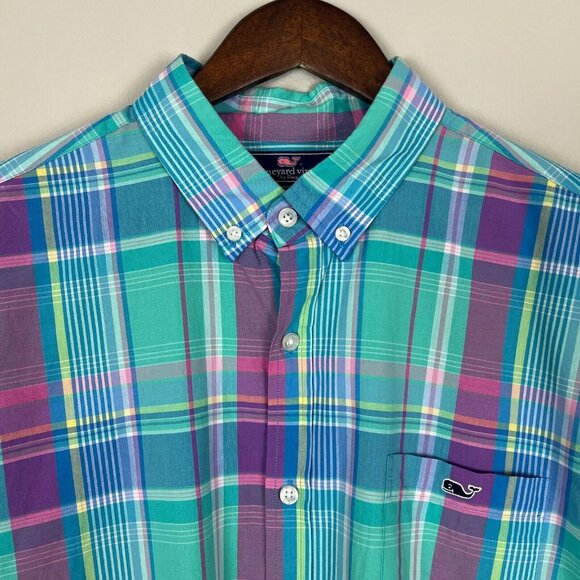 Vineyard Vines Shirt Men Large Slim Fit Tucker Button Up Casual Dress Green Blue - Picture 3 of 9
